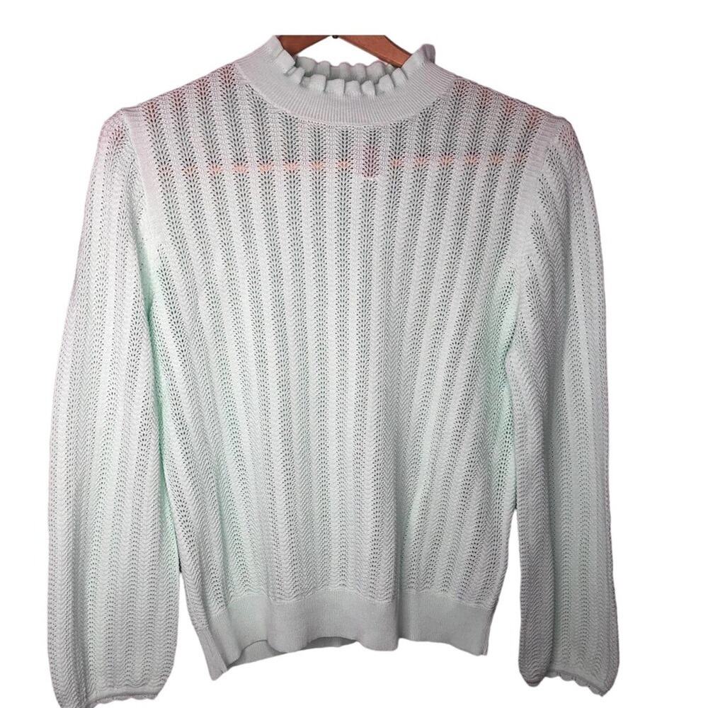 J. Crew Mint Green Sweater Womens M Ruffle Mock Neck Pointelle Knit Pullover NWT
